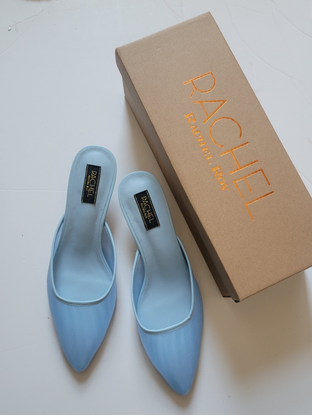 Rachel Roy NIB Pale Blue Sheer Pointed-Toe Kitten Heels Boho Romantic Coquette